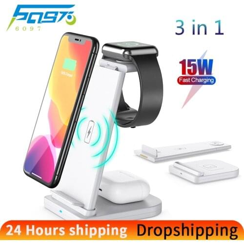 3 in 1 Wireless Charger 15W Fast Charging Station for iPhone Samsung Mobile Phone and Iwatch,tws Earphone Portable Charger Dock