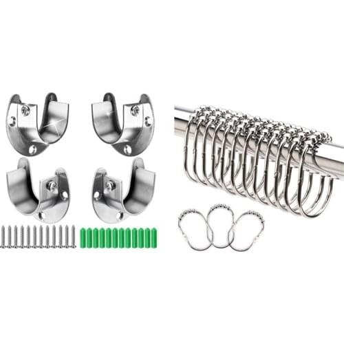 4X Heavy Duty Stainless Steel Closet Rod End Supports Closet Pole(U-Shaped) & 12X Wide Shower Curtain Rings/Hooks Set