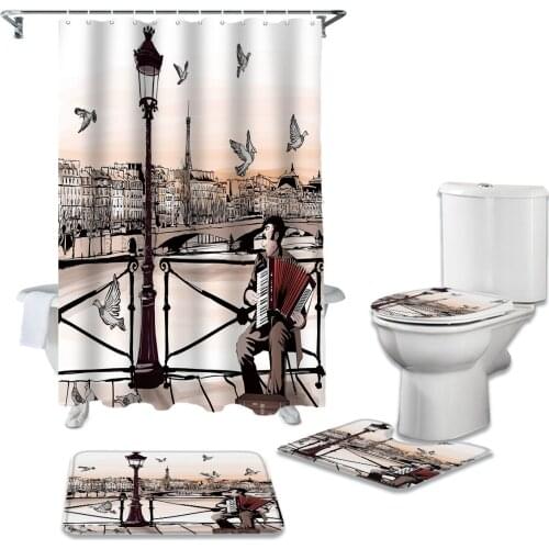Accordionist Art Bridge Paris Pigeon France Shower Curtain Sets Non-Slip Rugs Toilet Lid Cover and Bath Mat Bathroom Curtains