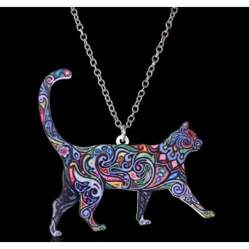 Acrylic coloured drawing cat necklace