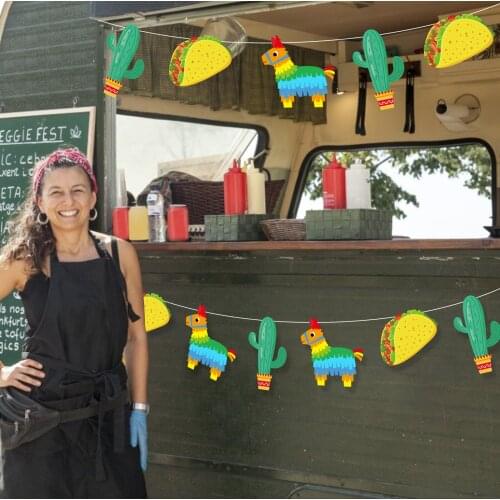 BA268 Cactus Alpaca Cinco De Mayo Mexico Party Carnivals Pattern Design Paper HAPPY BIRTHDAY Party Flag Wall Hanging Banner