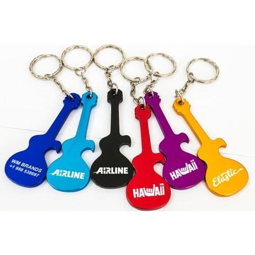 50pcs Personalized Electric Guitar Shaped Keyring Key Ring Bottle Opener Metal Aluminum Keychain Promotional Item Custom Logo