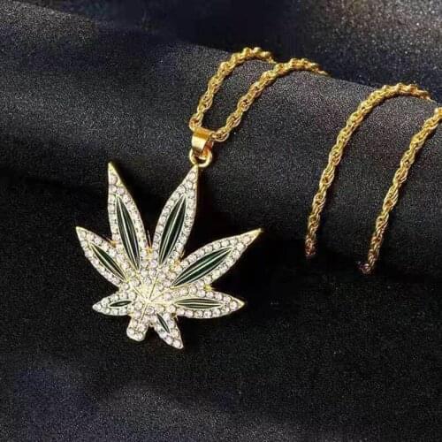Hip Hop Full Rhinestone Leaves Necklaces for Women Men Gold Color Bling Iced Out Crystal Chain Pendant Necklace Boho Jewelry