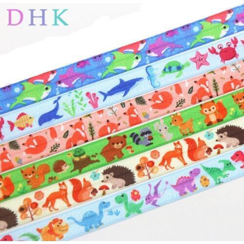 DHK 5/8'' 50yards fox shark dinosaur animals printed Fold Elastic FOE stretch ribbon hairbow headwear headband DIY OEM S1068