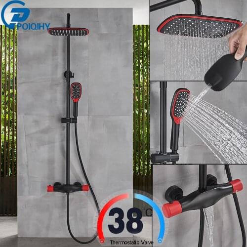 POIQIHY Waterfall Rain Shower Sets Bath Shower Faucet Mixer Red Black Bathroom Bathtub Shower System Thermostatic Mixers Faucet