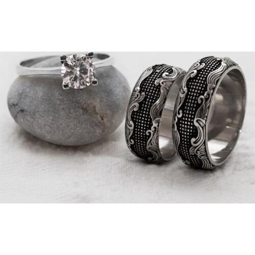 Motif Blackout Patterned Double Silver Wedding Ring (Engagement Gift)