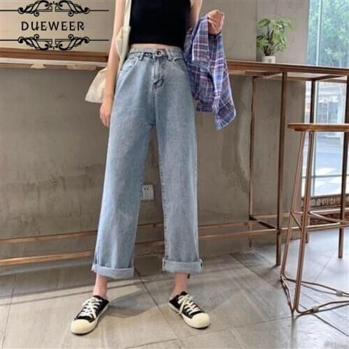 Dueweer Jeans Women Wide Leg Trousers Loose Washed Solid All-match Casual Adjusted-waist Korean Style Streetwear Pants