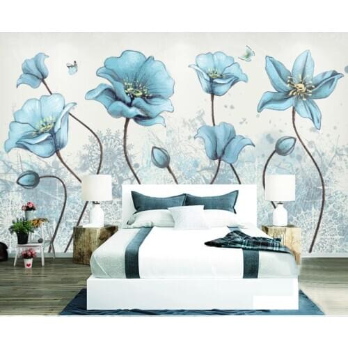 European Vintage Blue Flower Wall Mural for Living Room Wallpaper Art Wall Decor Papel De Parede Designer Wall Papers Floral