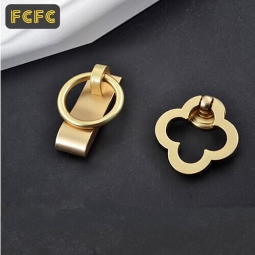 FCFC Chinese Style Cabinet Handles Brushed Copper Color Rings Flower Pendants Single Hole Handle