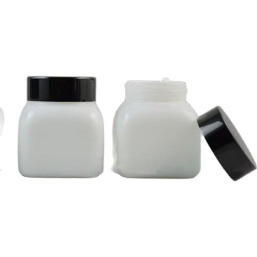 50G Opal Glass Bottle Cream Jar Square Bottle Aluminum Black Cap White Lid Empty Refillable Bottle Cosmetic Containers Packaging