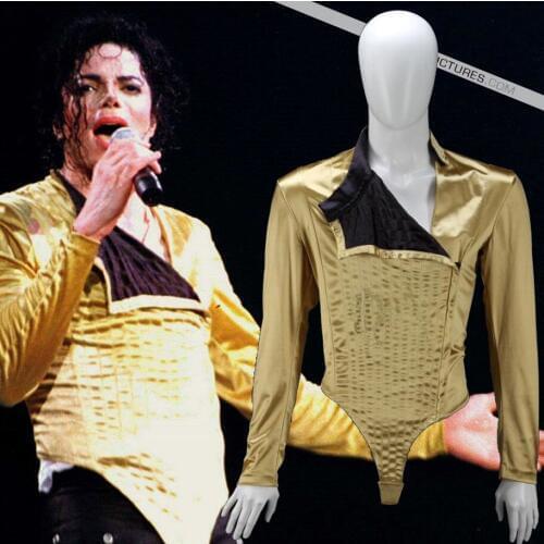 HOT MJ Michael Jackson Classic BAD Dangerous Jam Golden Body suit Costume Jacket pants For Performance Collection 1990S
