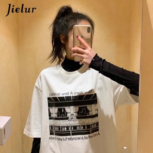 Jielur White Womens T-shirt Print Casual Tees Short Sleeve Basis T shirts O-Neck Female Spring Tops for Woman T-shirt Fashion