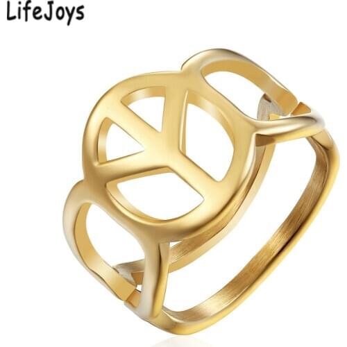 Stainless Steel Peace Ring For Women Finger Symbol Jewelry Peace Sign Ring Gold Silver Color Fashion Gift Size 6 7 8 9