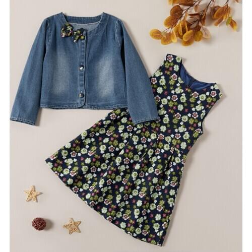 Sweet Flower Allover Dress and Denim Coat Set