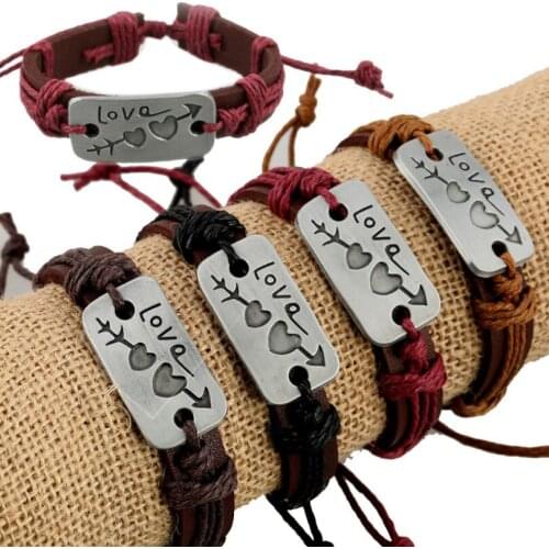 Fashion Vintage Love Heart Charm Bracelet Retro Genuine Leather Adjustable Wrap Bangle Handmade Wristbands Unisex Casual Jewelry