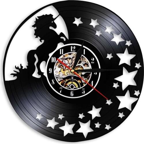 Star Unicorn Glitter Art Wall Home Decor Clock Magical Horses Vintage Vinyl Record Wall Watch Nursery Horse Baby Girl Room Adorn