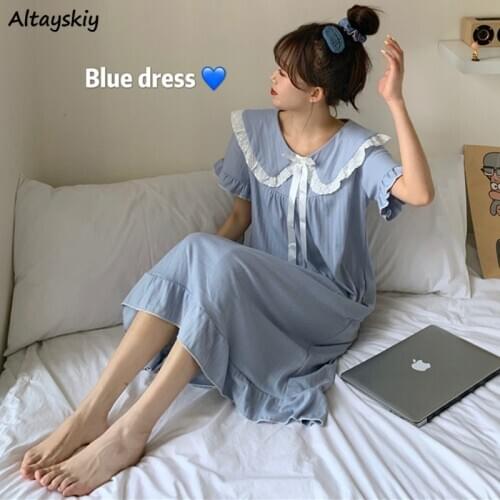 Nightgowns Women Lovely Sleepshirts Lace Ruffles Solid Peter Pan Collar Womens Summer Soft Loose Short Sleeve Kawaii Bow Sweet