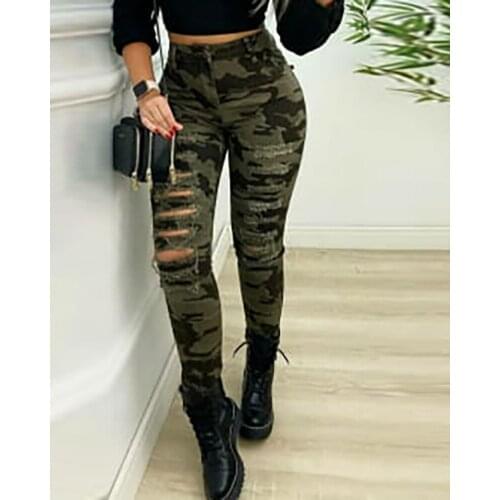 2021 Autumn Fashion Camouflage Print Fringe Hem Cutout Skinny Jeans Womens Hollow Out Long Pants Casual Trousers Loungewear New