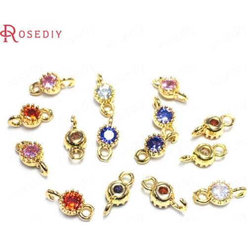 38362)10PCS 4MM 24K Champagne Gold Color Brass and Zircon 2 Holes Round Connect Charms Pendants Jewelry Findings Accessories