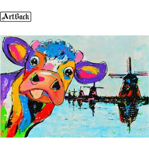 Full square 5d diy diamond painting watercolor cow cartoon full round drill diamond embroidery color animal handicraft