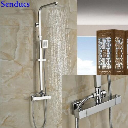 Senducs Thermostatic Shower Set LUXURy Suqare Thermostatic Shower Set with Top Quality Solid Brass Bathroom Shower Set