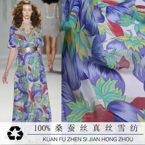 Purple Eggplant Summer Silk Printed Chiffon Fabric Thin Permeable Mulberry Silk Chiffon Dress Fashion Scarf Fabric