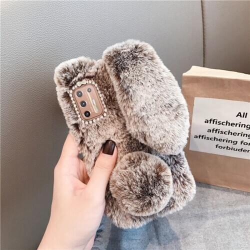 Fluffy Rabbit Silicone Bunny Plush Phone case For Motorola MOTO G9 Play Fluffy Rabbit Fur silicone cover for MOTO G9 Plus Cases