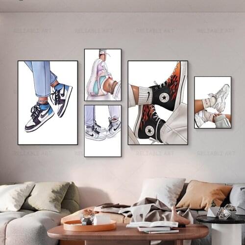 Modern Sports Shoes Canvas Painting Sneakers Posters and Prints Cartoon Foot Pictures for Gym Childrens Room Home Decor Cuadros