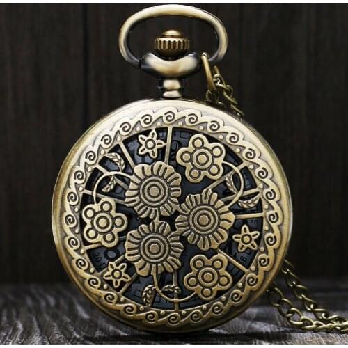 Vintage Bronze Hollow Beautiful Flowers Necklace Pendant Steampunk Pocket Watch With Chain for Men Women Fiancee Gifts