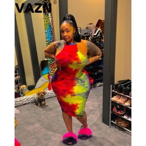 VAZN 2020 Summer New Plus Size Fancy Sexy Club Young Novelty Halter Off Shoulder High Waist Women Elastic Thin Midi Dress