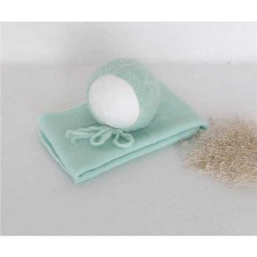 Vintage Photography Wrap Set Aqua Newborn Cap Bonnet Crochet Infant Hat Newborn Knit Jersey Wrap Baby Layer Fabric Baby Props