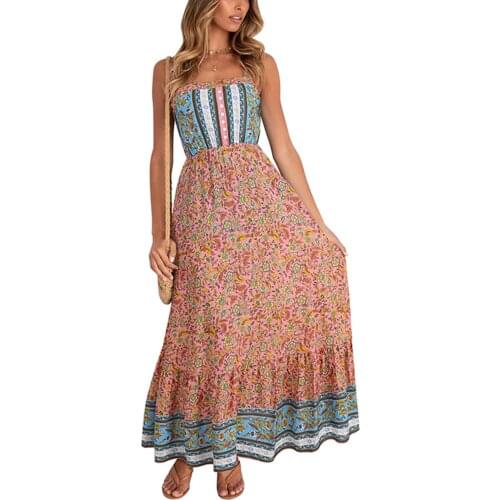 Women Retro Boho Long Dress Floral Pattern Boat Neck Sleeveless Dresses Summer Loose Elegant Sundress 2021 Bohemian Vestidos