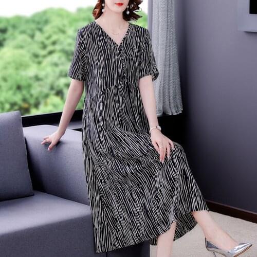 Summer Loose Striped Print Chiffon Casual Midi Dress 2021 Vintage 4XL Plus Size Beach Dress Elegant Women Bodycon Party Vestidos