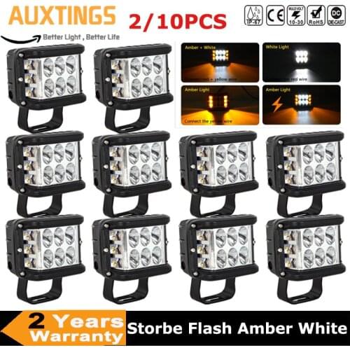2/10X 4in 3 Sides Shooter 60W Led Work Light Cube White & Amber Strobe Flash Driving Lamp for SUV Truck Car Boat