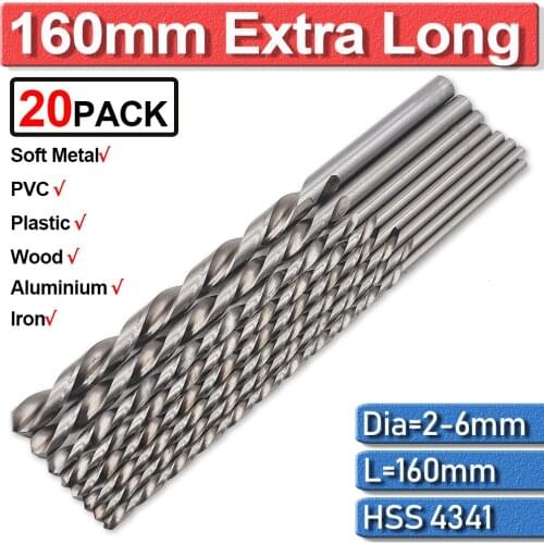 20Pc Extra Long Drill Bit High Speed Steel 160mm Woodworking HSS For Metal Wood Plastic HSS-Co Drill Wood Set Twist Drill