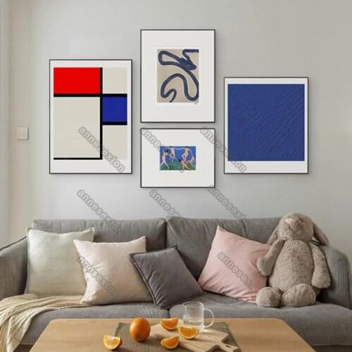 Abstract Geometric Patterns Red Blue White Oblongs Bold Lines Modern Style Canvas Painting Poster Print for Home Rooms Wall Deco