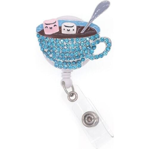 Free Shipping Rhinestone Enamel Coffee Cup Retractable Badge Reel Jewelry Accessory ID Card Name Holder For nurse gift