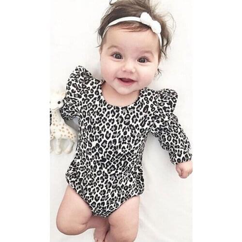 2021 Brand New Newborn Infant Baby Girls Long Sleeve Bodysuit Leopard Jumpsuit Ruffled Clothes Casual Outfit 0-24M