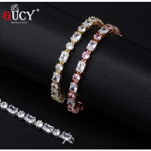 GUCY 6mm Iced AAA+Zircon Tennis Chain Mens Hip hop Jewelry Copper Material Box Clasp Square and round Color Bracelet Link