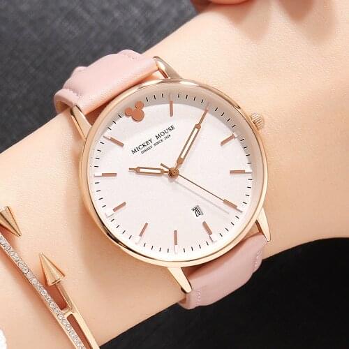 Disney Mickey Mouse Watch Lady Calendar Leather Fashion Quartz Watch Student Cowbelt Watch 288