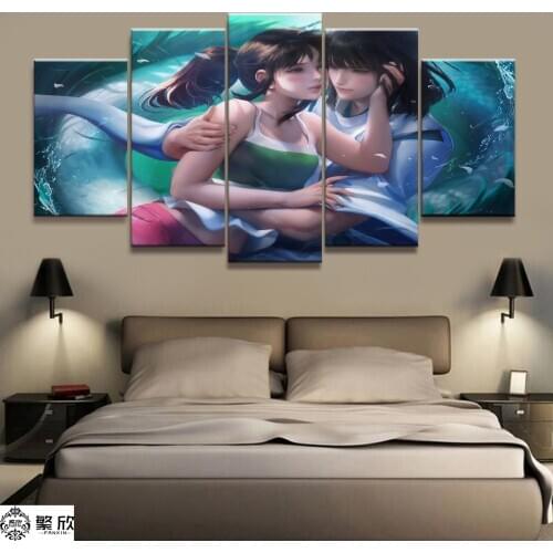 Home Decor 5 Piece Spirited Away Bailong Film Canvas Printed Wall Pictures Home Decor For Living Room Poster Canvas Wholesale