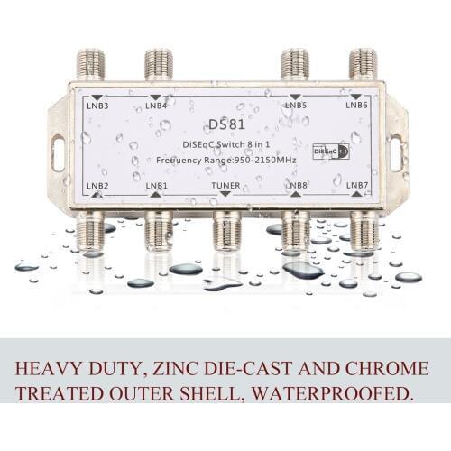 DS81 8 in 1 Satellite Signal DiSEqC Switch LNB Receiver Multiswitch Heavy Duty Zinc Die-cast Chrome Treated