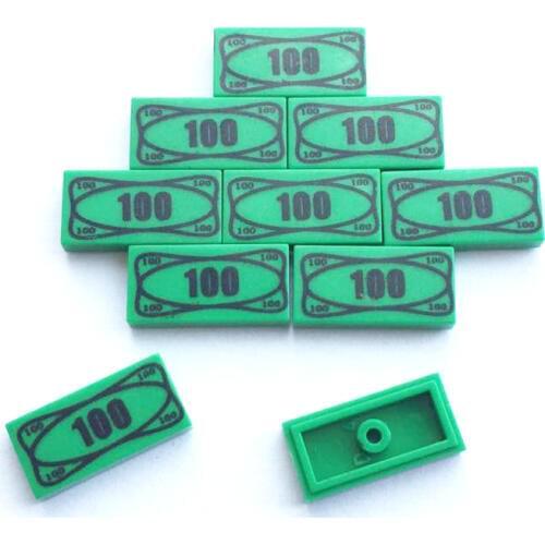Elements Brick Parts 3069bpx7 Tile 1x2 with 100 Dollar Bill Money Patten Classic Piece Building Block Toy Accessory Bricklink