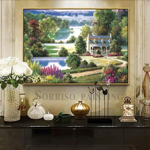 Europe Pastoral Garden Villa Landscape Canvas Painting Home Corridor Decor Posters Prints Pictures Living Room Hallway Wall Art