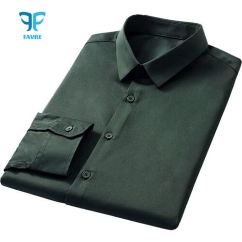 FAVRE Men Dress Shirt Social Solid Color Office Business Shirt Long Sleeve stripe White Work clothes