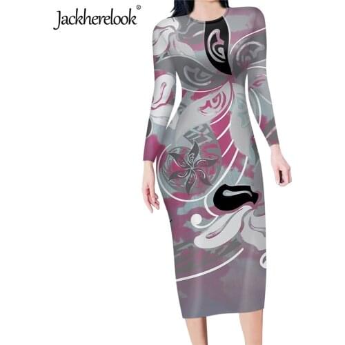 Jackherelook Vintage Polynesian Tribal Plumeria Brand Design Womens Long Sleeve Bodycon Dresses Office Lady Casual Pencil Dress