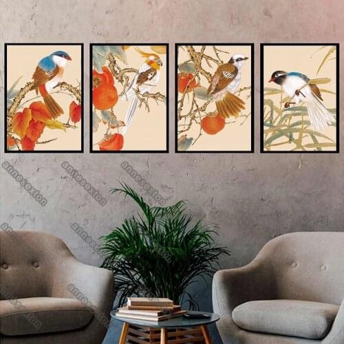 Chinese Traditional Style Canvas Painting Poster Watercolor Pictures Colorful Lucky Birds and Branches for Home Rooms Wall Decor