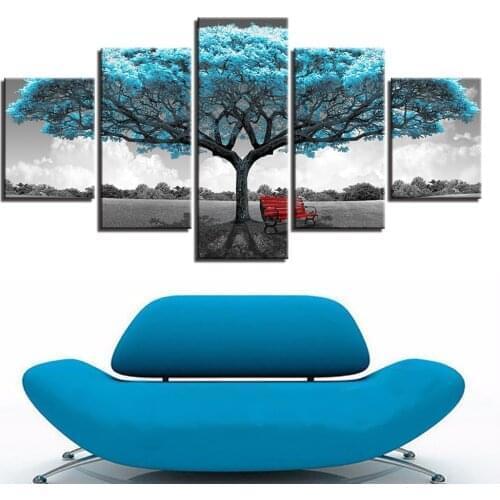 Canvas Printed Paintings Home Decor 5 Pieces Blue Big Tree Pictures Landscape Poster Red Chair Wall Art Living Room Framework