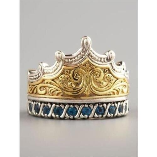 Classic Inlaid Blue Stone Crown Ring European and American Gold Color Jewelry for Women Luxury Jewelry Gifts Size6-10