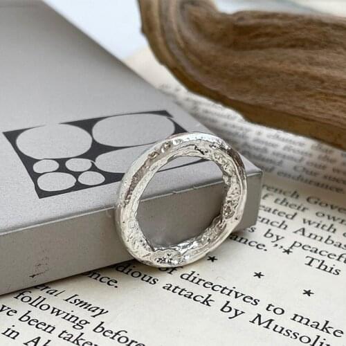 Authentic S925 Sterling Silver Open Ring Irregular texture coarse sand gorgeous geometric Rectangular Ring TLJ1663